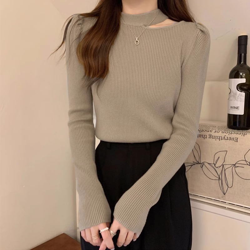 米诺狄镂空设计感针织毛衣女冬内搭打底衫修身显瘦小众半高领上衣