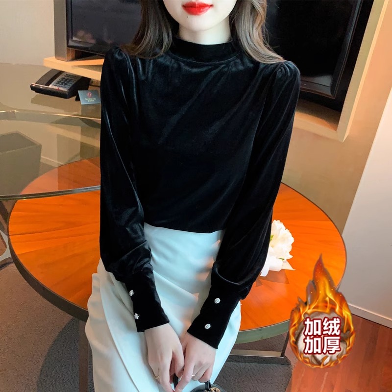 米诺狄加绒加厚金丝绒长袖t恤打底衫内搭秋冬新款女士上衣半高领
