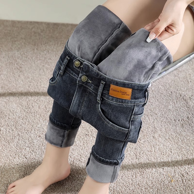 米诺狄加绒牛仔裤女紧身秋冬季2023年新款显瘦弹力加厚高腰小脚裤