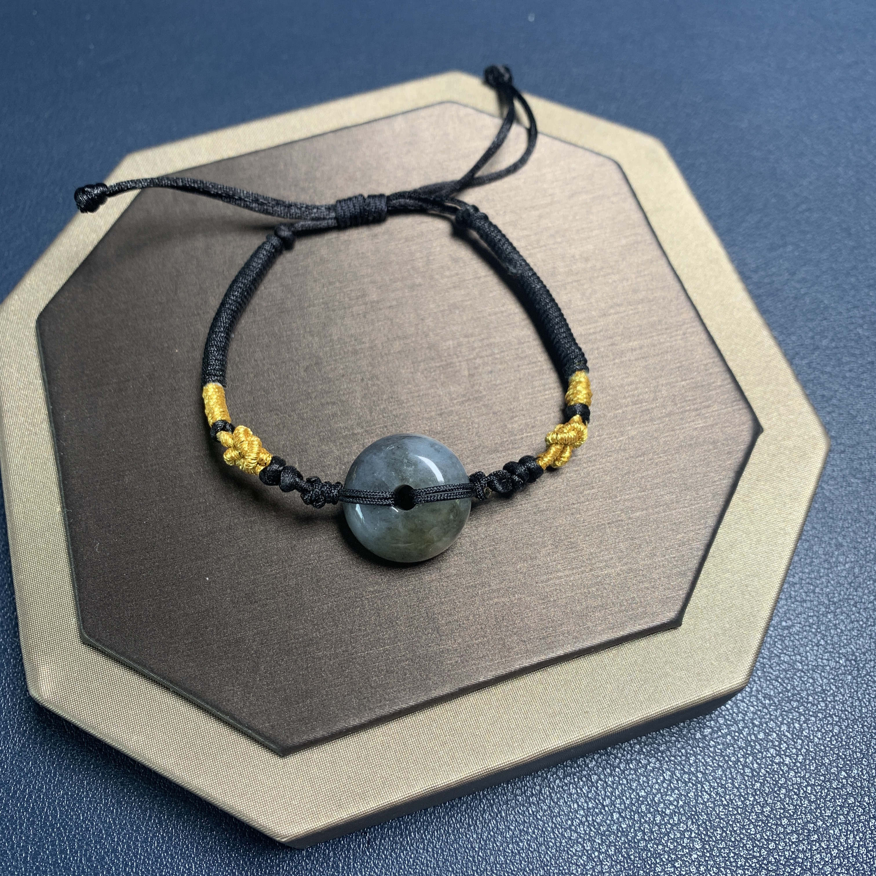 天然缅甸A货翡翠 乌鸡飘黄翡手牌H8869 手工手绳 多样性发货