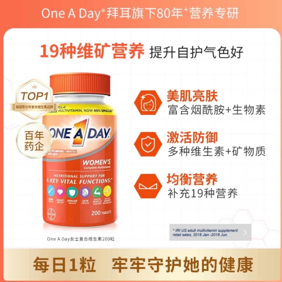 【效期至26.5】ONEADAY/女士复合维生素烟酰胺大瓶装亮肤200粒/瓶QH