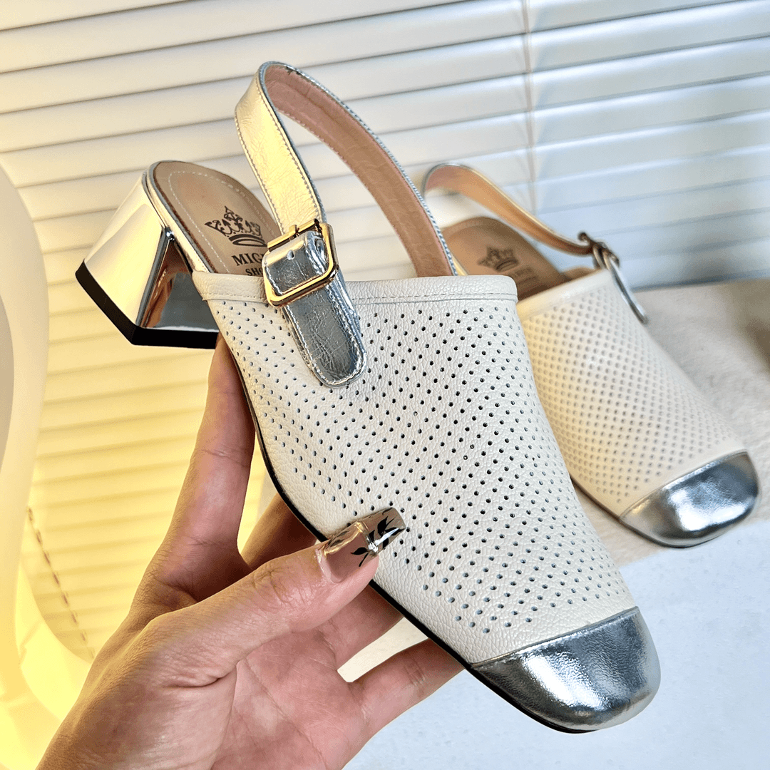 真皮2024夏季新款复古舒适透气粗跟高跟包头洞洞鞋百搭时尚白色