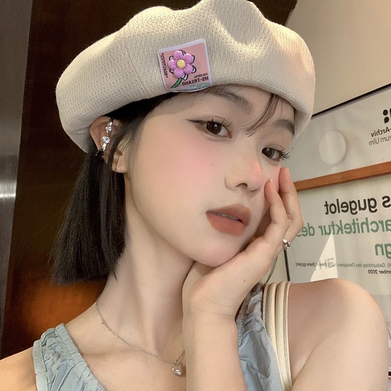 日系可爱花朵蓓蕾画家帽女大头围显脸小贝雷帽百搭薄款八角帽子潮