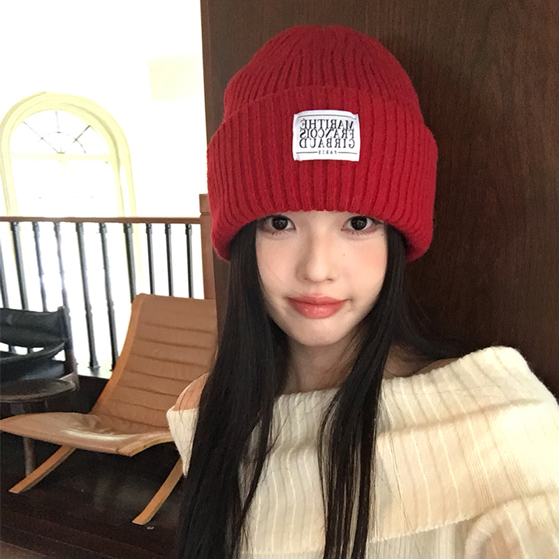 韩系红色毛线帽子女秋冬保暖护耳针织帽宽松显脸小大头围包头冷帽