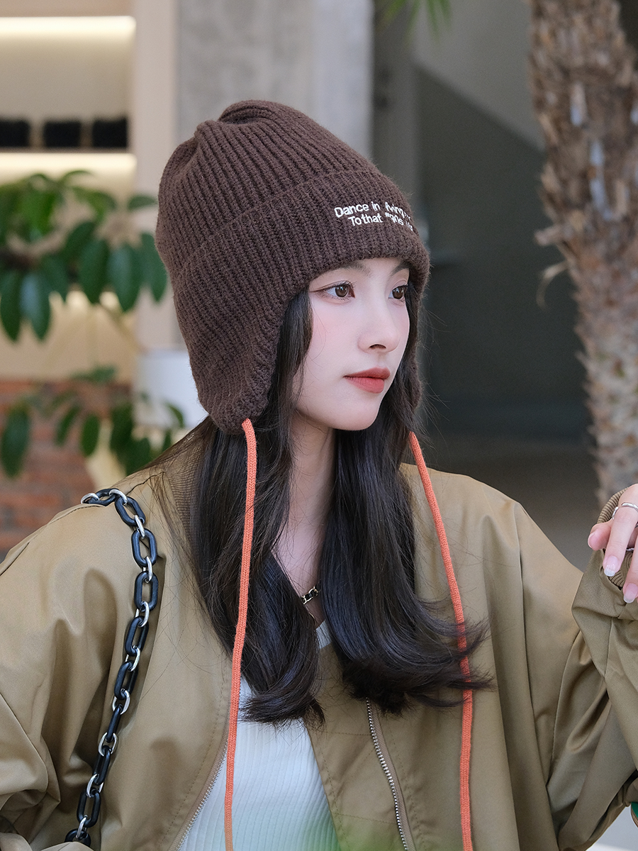 护耳毛线帽女秋冬季新款韩版显脸小绑带针织帽休闲保暖防寒雷锋帽
