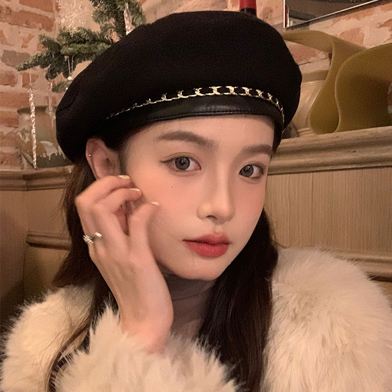 时尚百搭气质小香风黑色贝雷帽子女显脸小韩版金属链条画家帽冬