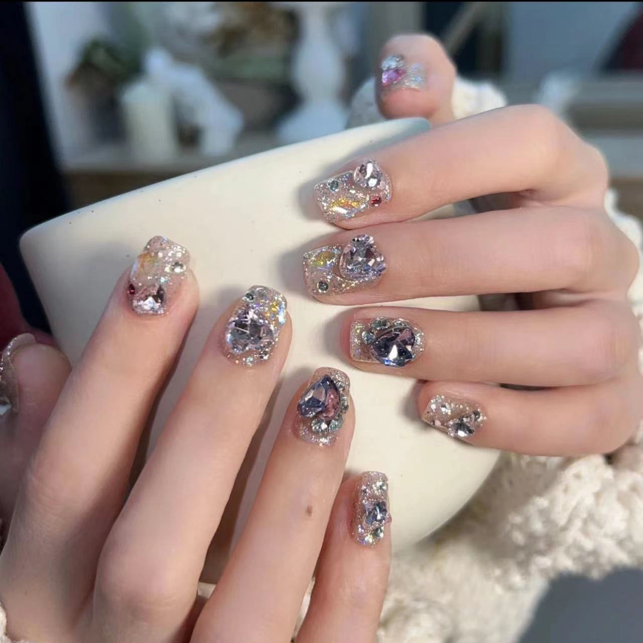 纯手工美甲穿戴甲假指甲贴高级魔镜模型爱心爆闪钻彩色亮片气质款