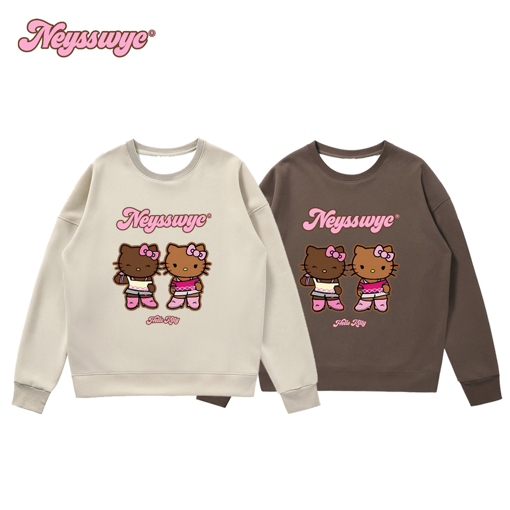 NEYSSWYC  咖杏色黑皮KT圆领卫衣不加绒宽松休闲卡通秋冬印花可爱