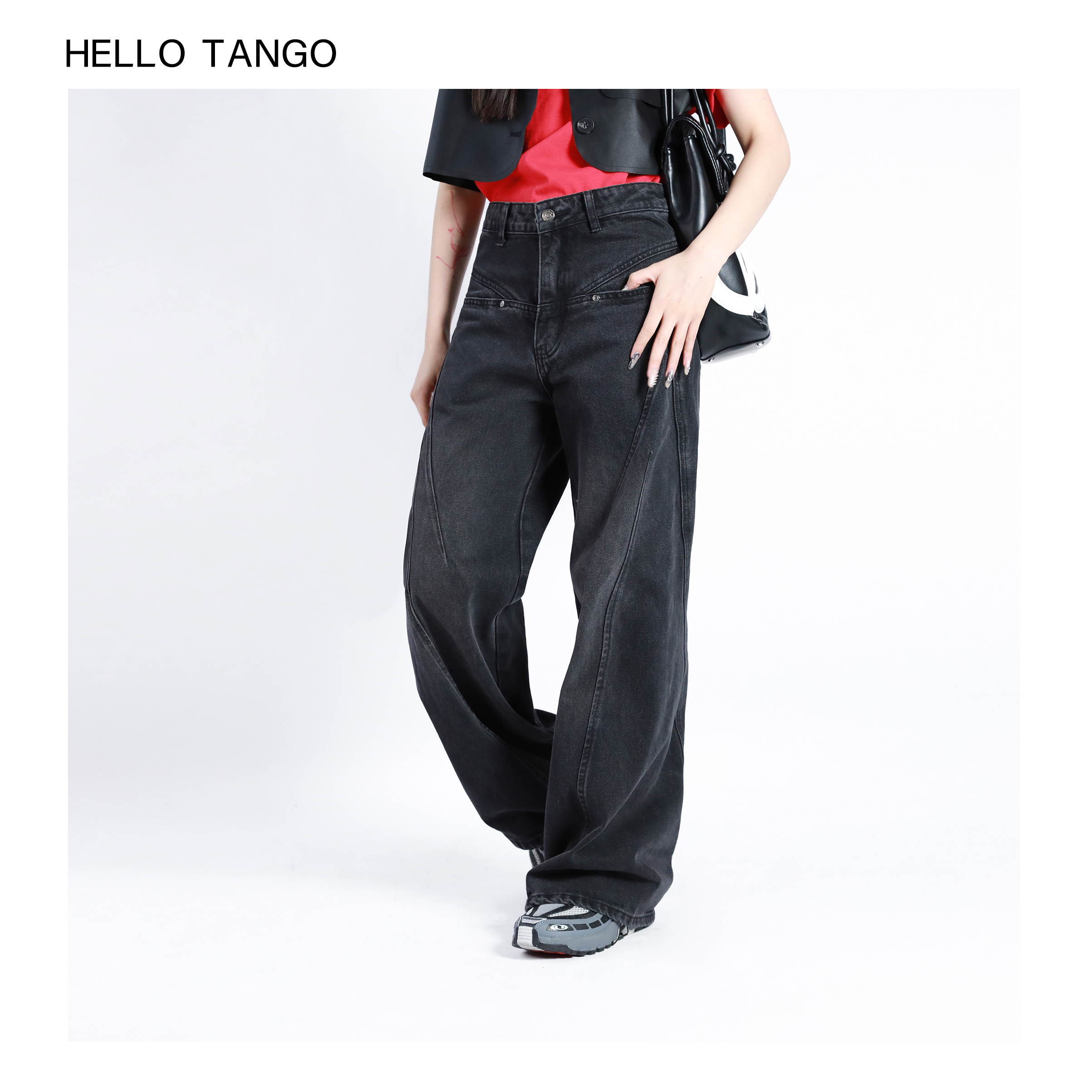 HELLOTANGO《黑暗重组》小众cleanfit做旧错位分割牛仔裤F133#