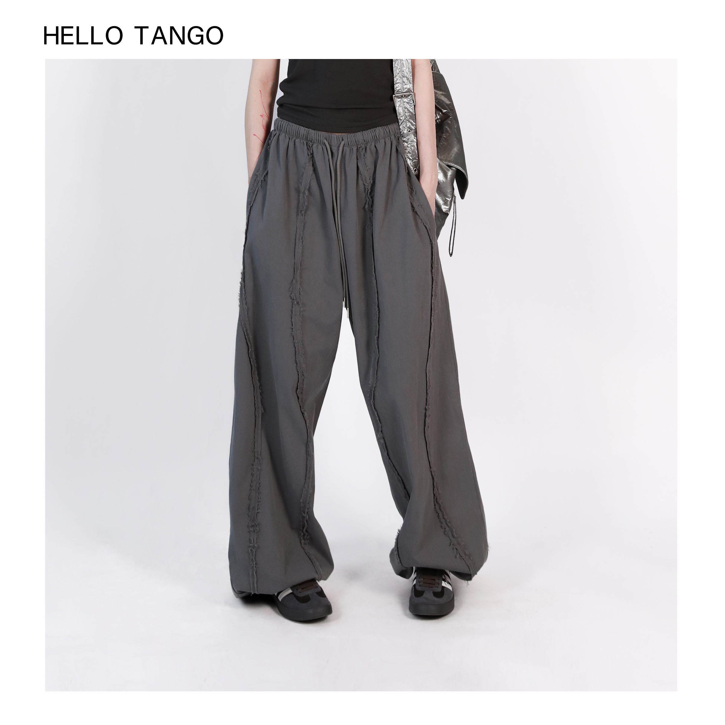 HELLOTANGO《叛逆少年》小众慵懒风休闲感毛边阔腿休闲裤84338#