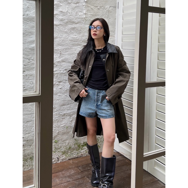 HELLOTANGO《低调隽永》小众设计意式时尚拼接风衣84146#