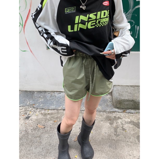 HELLOTANGO《色彩碰撞》小众时尚撞色显瘦松紧腰系带抽绳短裤84449#