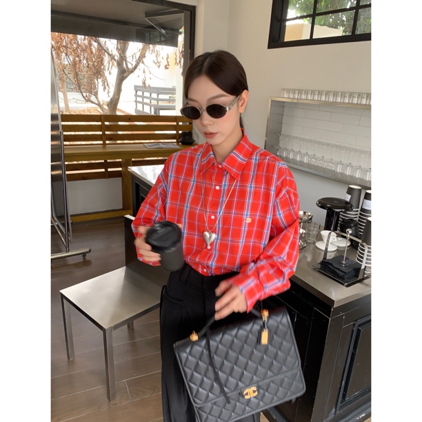 HELLOTANGO《时间定格》小众复古休闲亮色翻领格纹衬衫84804#