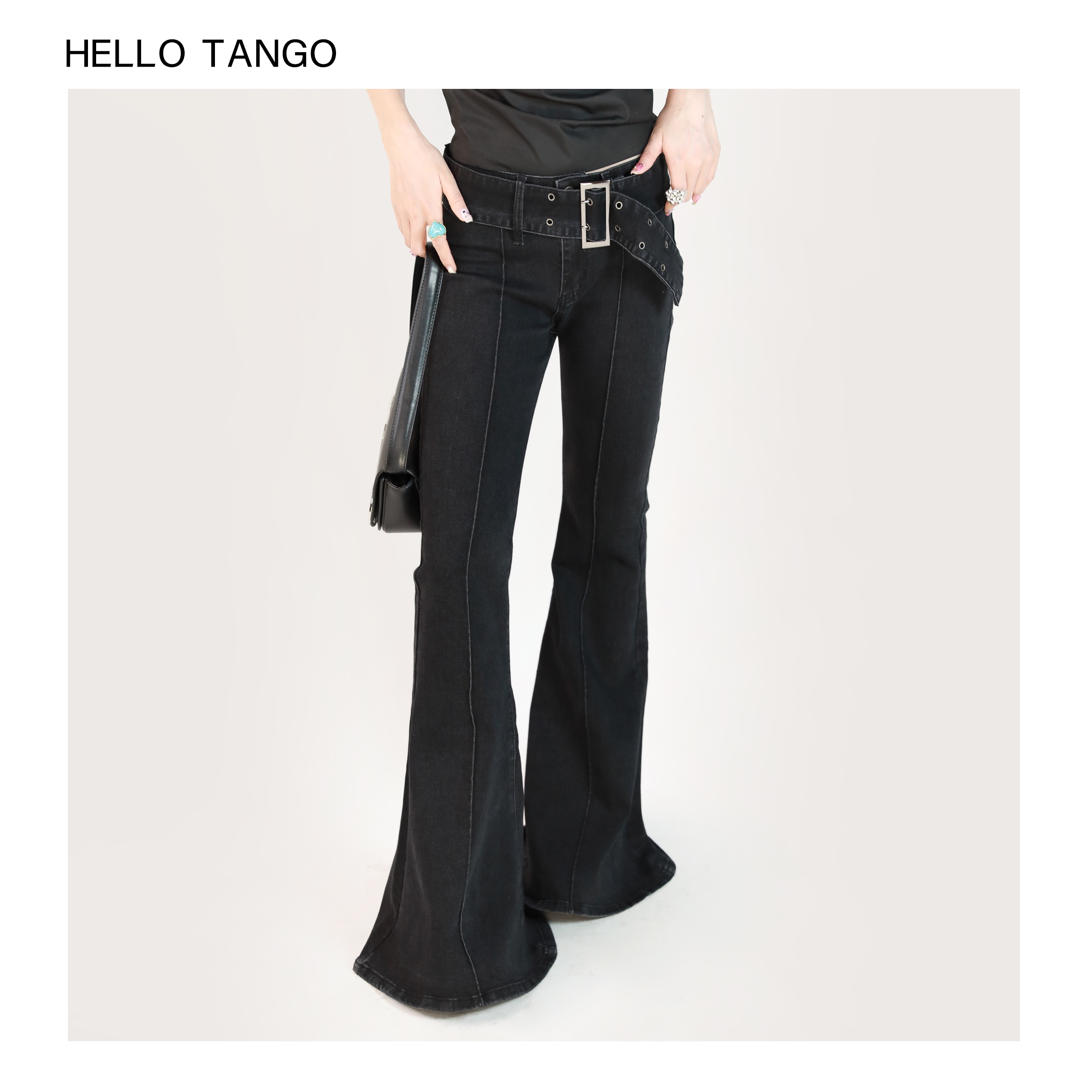 HELLOTANGO《PUNK牛仔》小众复古轻朋克风潮流黑色牛仔喇叭裤F150#