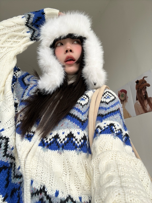 HELLOTANGO《青花瓷》小众复古费尔岛风提花慵懒连帽毛衣外套8291#