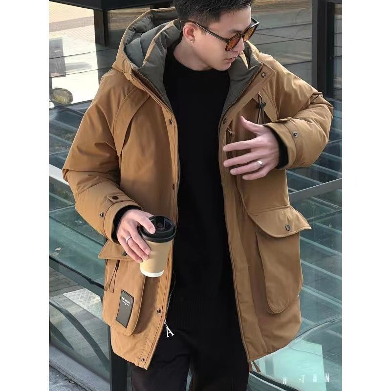 大树家2023新款冬季羽绒服男中长款外套保暖白鸭绒工装连帽派克服