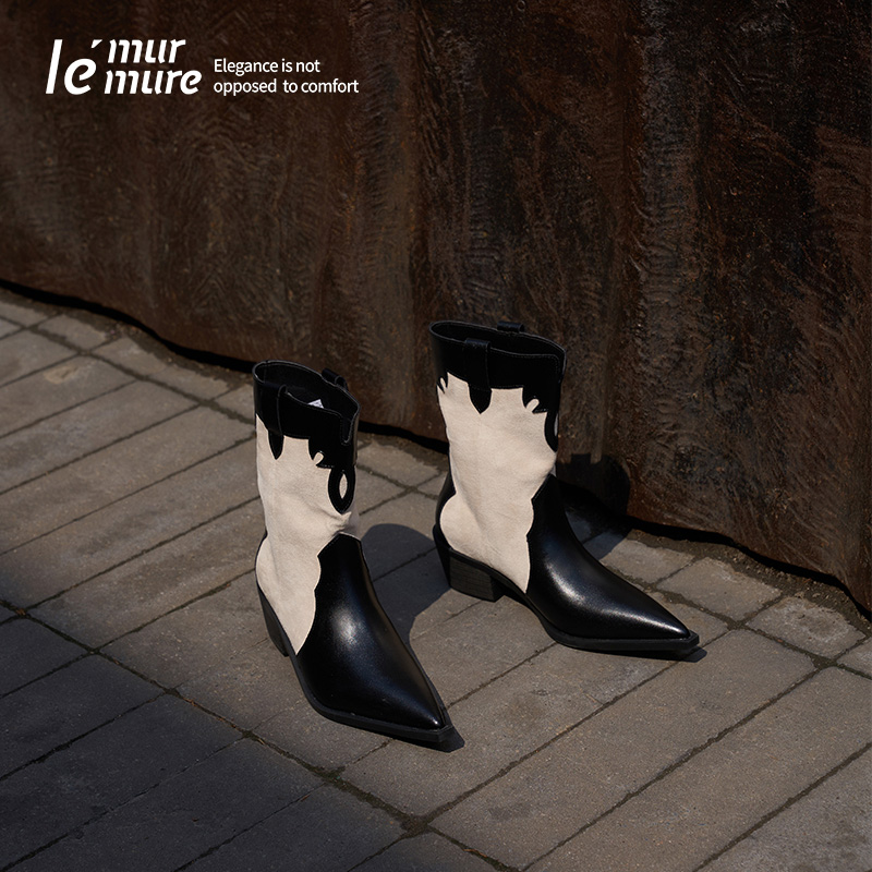 Le' Murmure 进口真皮中筒牛仔靴拼色短靴西部靴2025 zb