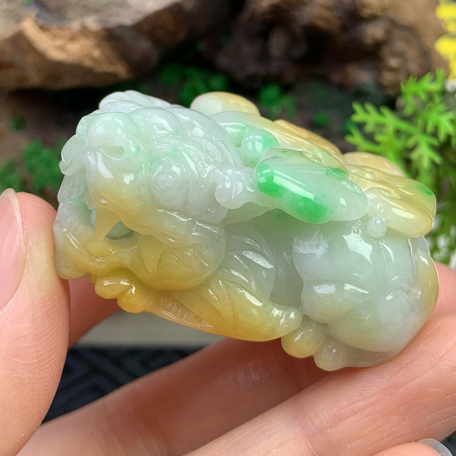 天然缅甸A货翡翠黄加绿口含珠貔貅吊坠，尺寸42-26.3-20.2mm