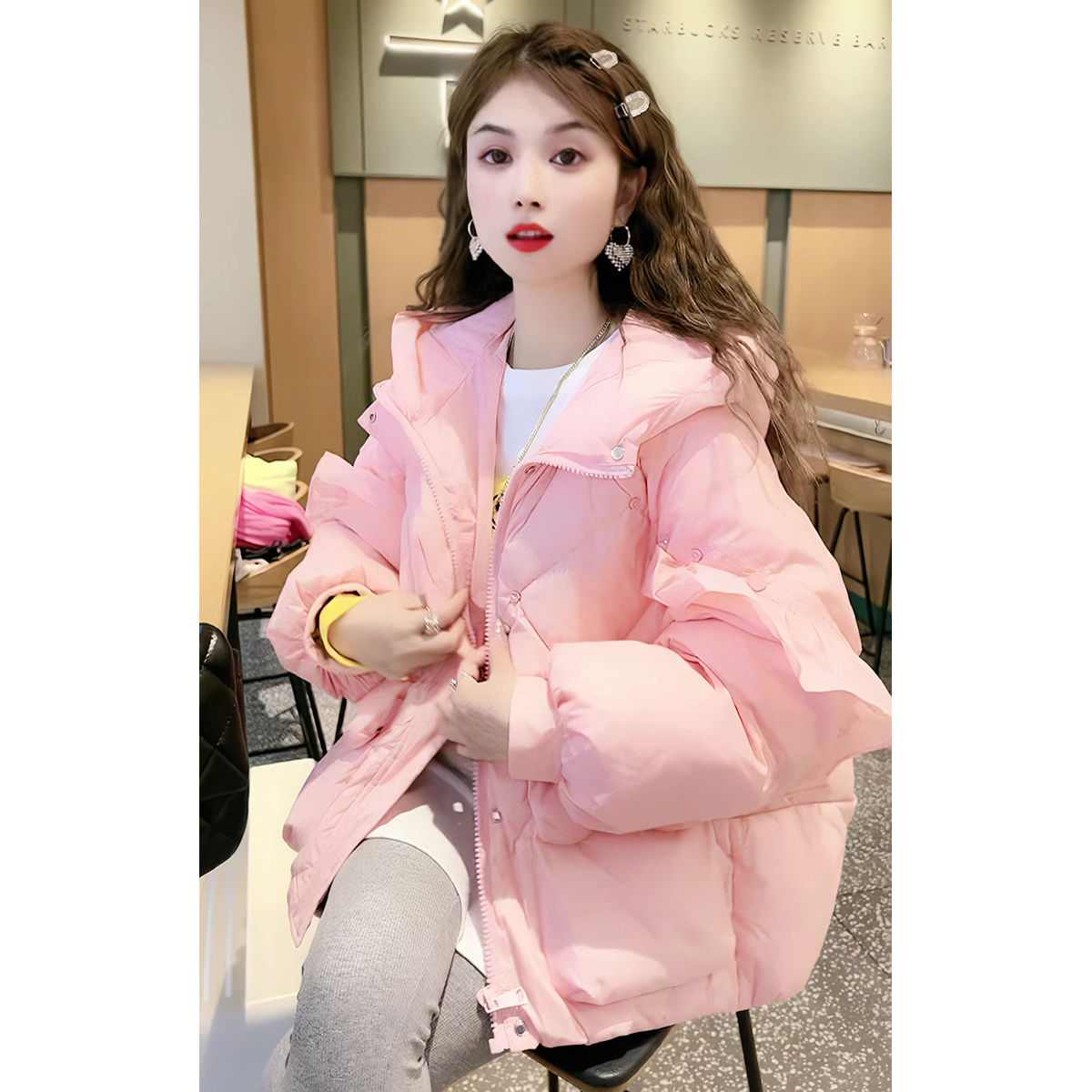 韩版粉色加厚连帽羽绒服女2023冬季新款宽松百搭加厚保暖羽绒服外