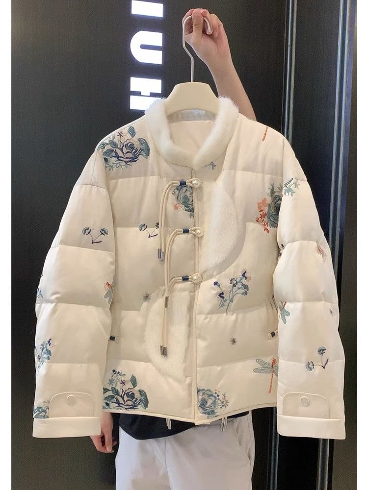 新中式国风白色盘扣羽绒服加厚冬季高级感超好看外套女秋季2023新