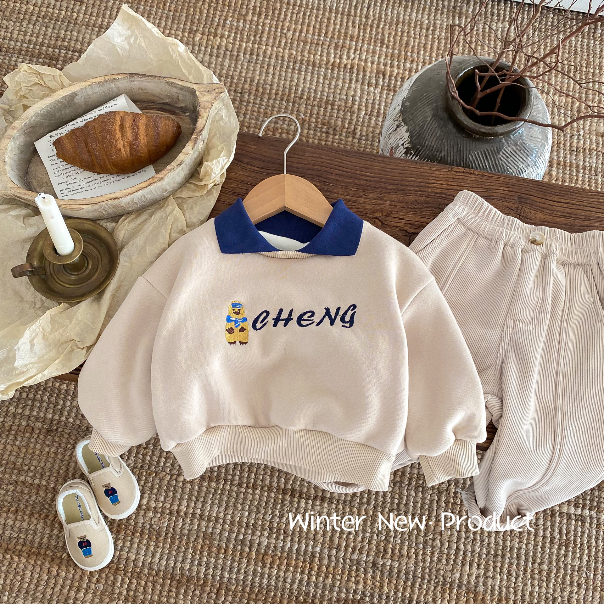 儿童卡通加绒卫衣 0-5岁冬季男童Polo领加厚小熊套头衫宝宝冬装潮