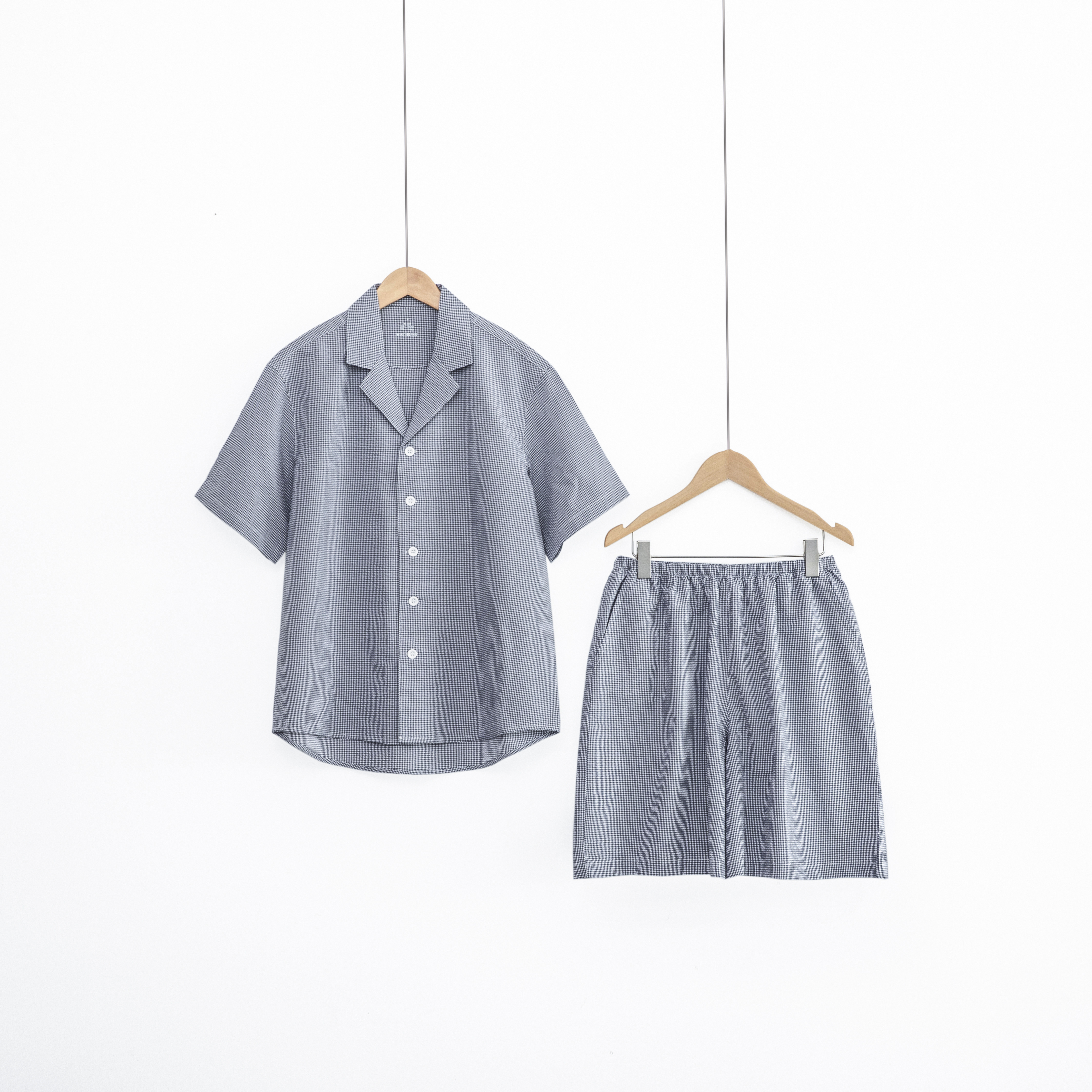 宜色家夏季全棉纯棉男睡衣泡泡纱女短袖短裤外穿家居服女套装c
