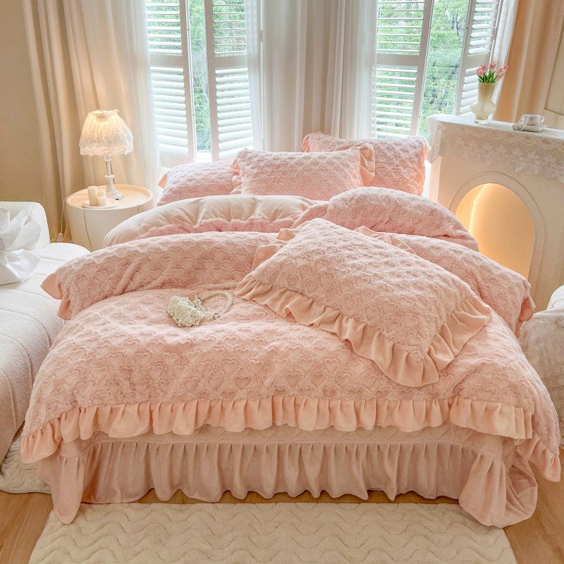 2023新款高克重牛奶绒加棉床盖四件套兔兔绒毛四件套少女心双面绒