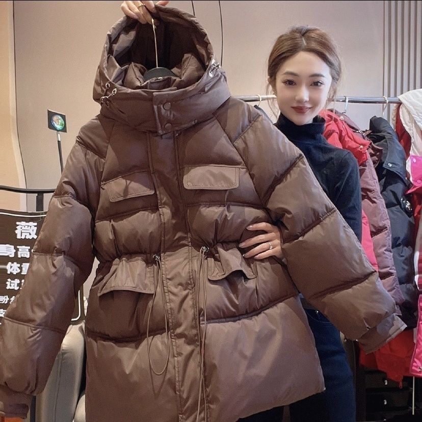 雪中飞2023冬季新款服女中长款连帽收腰欧货大码工装加厚冬装外套