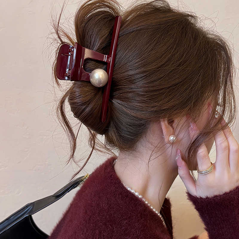 安可拉红珍珠头发抓夹大号发量多鲨鱼夹发夹女后脑勺2025新款发饰