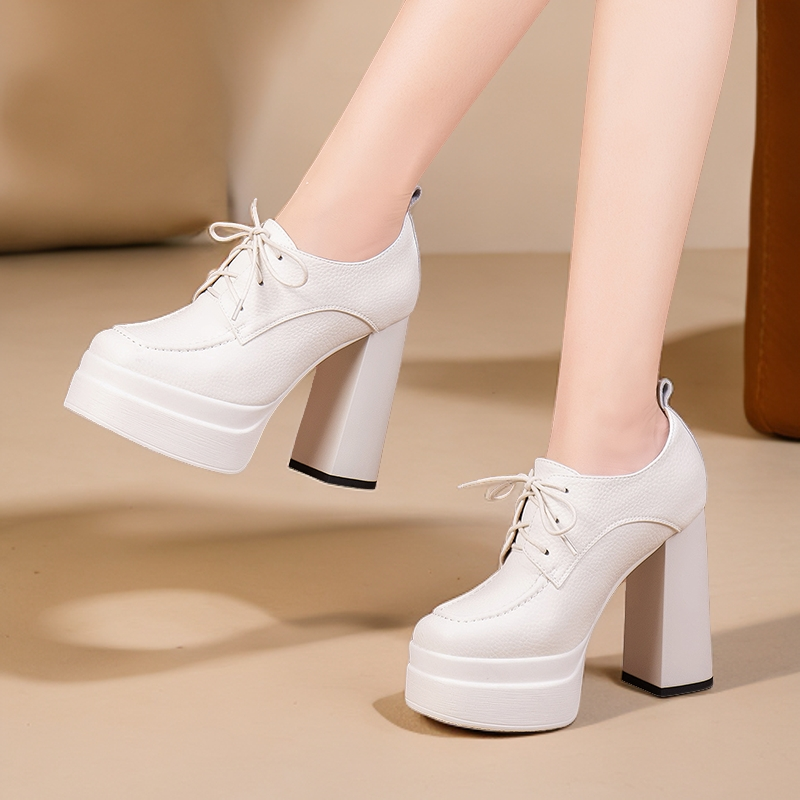 厚底防水台白色系带高跟鞋女真皮春秋款粗跟方头深口单鞋百搭时尚