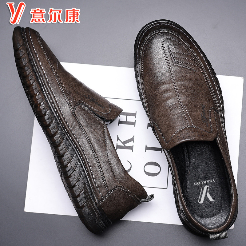 正品意尔康皮鞋男冬季加绒鞋子真皮软底牛筋底一脚蹬中年爸爸男鞋