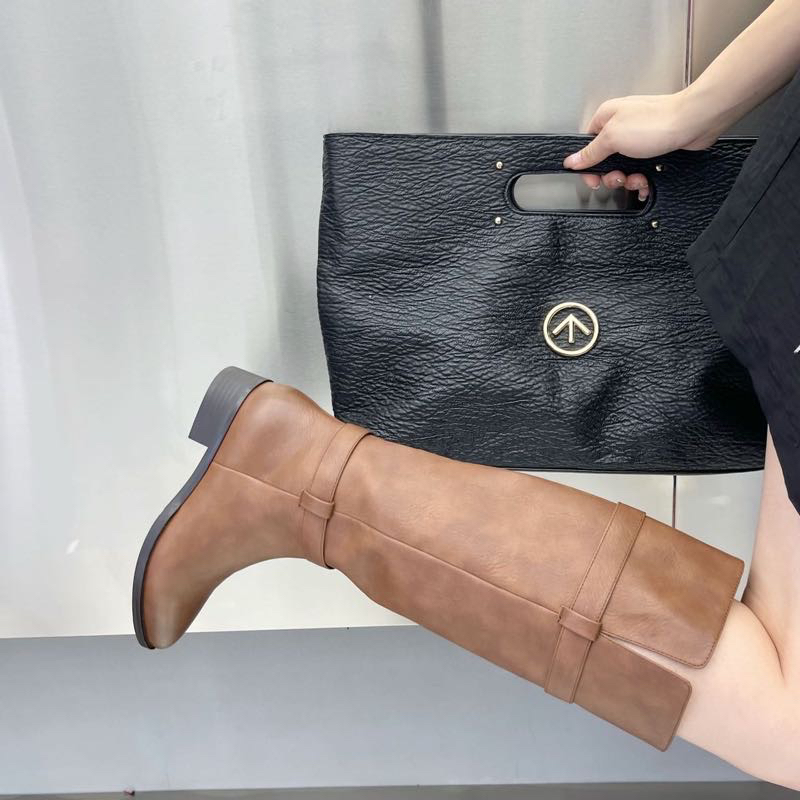 2521-3西部牛仔靴女长靴秋尖头粗跟复古V口套筒显瘦骑士靴E5