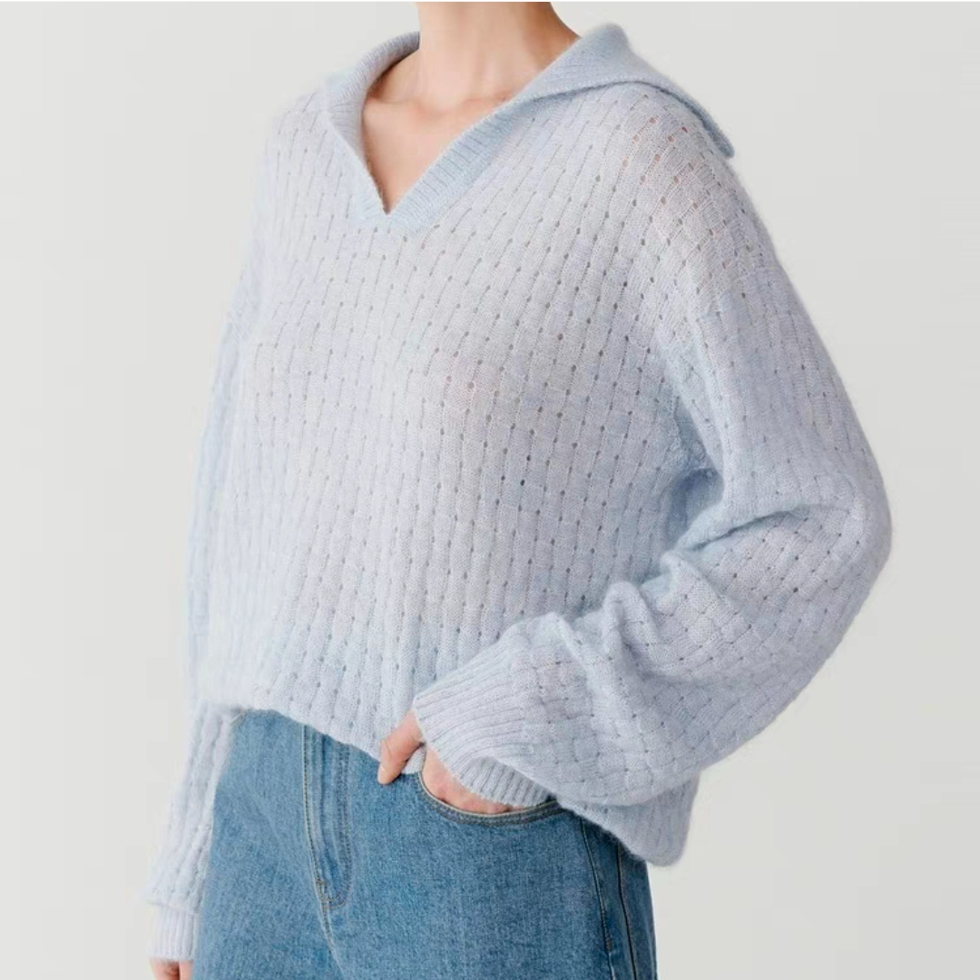 小HE马海毛混纺开襟翻领海军领春秋针织衫春秋