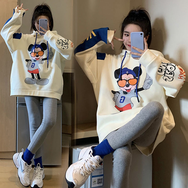 孕妇装秋装套装新款宽松米奇连帽套头孕妇上衣辣妈孕妇装一整套