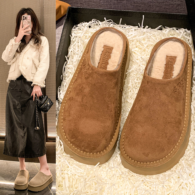 一脚蹬厚底毛毛拖鞋女秋冬外穿2024新款韩版加绒保暖包头勃肯半拖