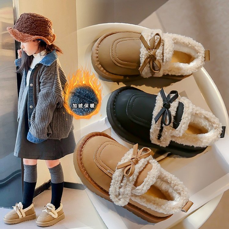 回力瑞女童棉鞋23儿童加绒蝴蝶结毛毛鞋冬季雪地靴宝宝软底豆豆鞋