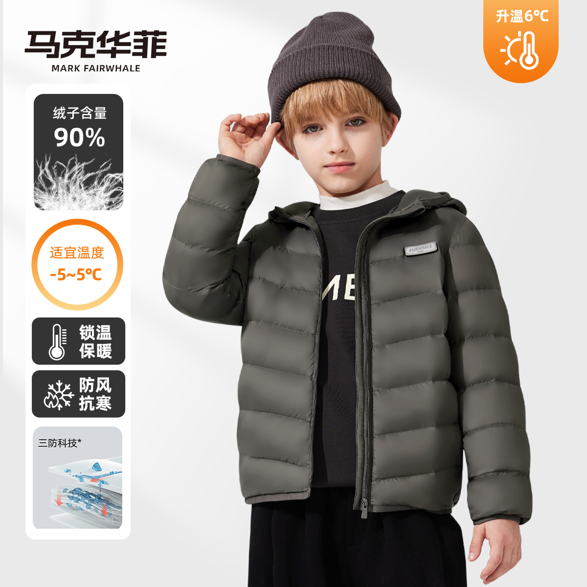MARK FAIRWHALE/马克华菲儿童羽绒服冬连帽轻薄三防外套校服神器