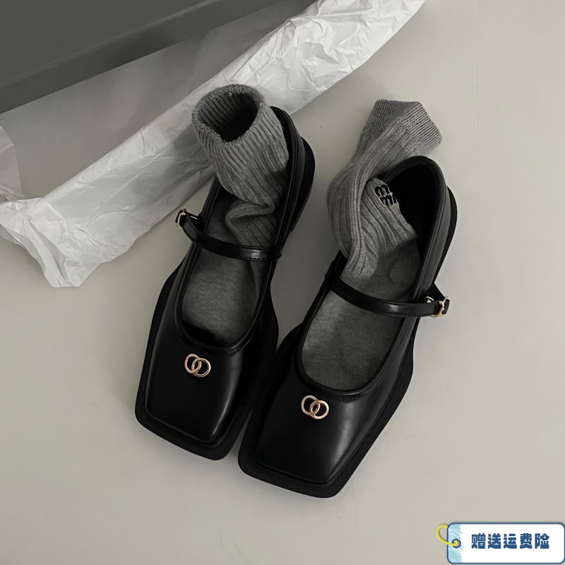 红蜻蜓牌法式方头复古玛丽珍鞋女2023春秋新款小众气质浅口平底鞋