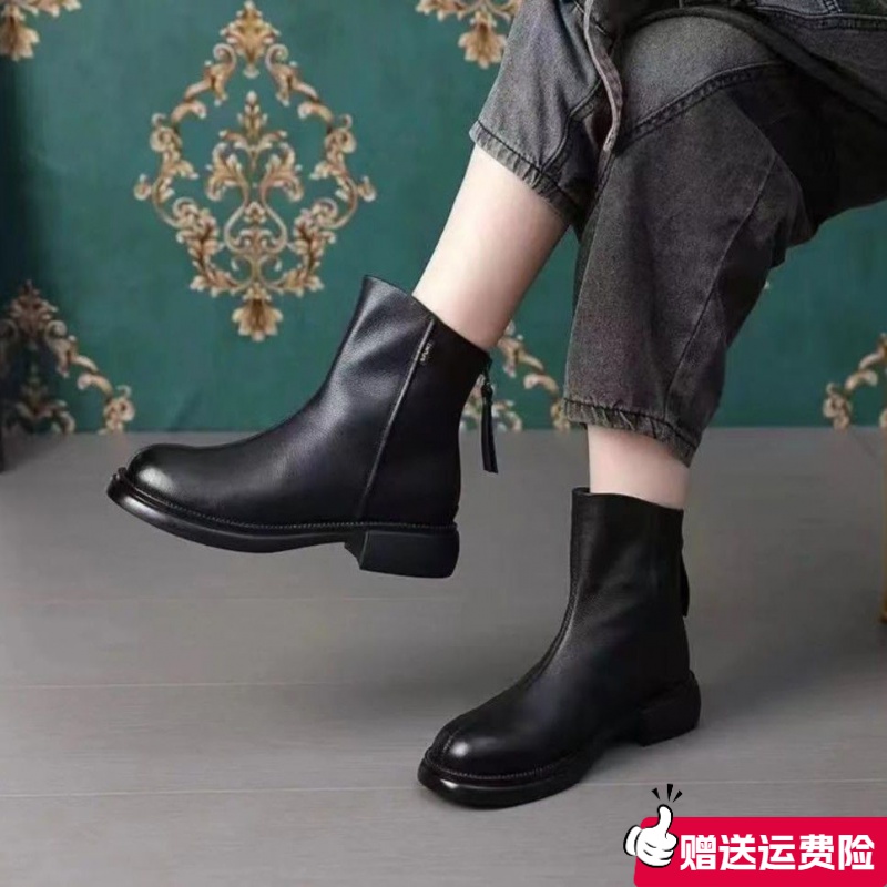 红蜻蜓牌2023秋冬季软皮中跟复古马丁靴女韩版休闲低跟短筒瘦瘦靴