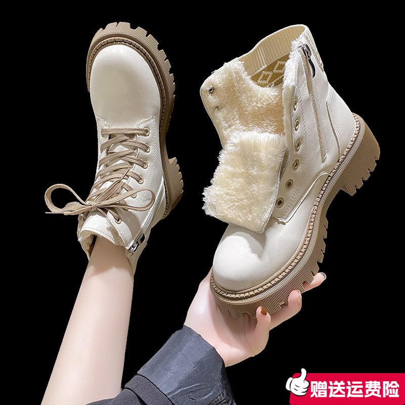 红蜻蜓牌厚底马丁靴女2023秋季新款平底软底短靴冬季加绒保暖棉鞋