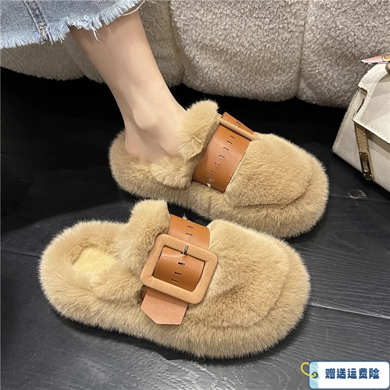 红蜻蜓牌网红包头半拖鞋女外穿2023春秋新款松糕毛毛鞋厚底棉拖鞋