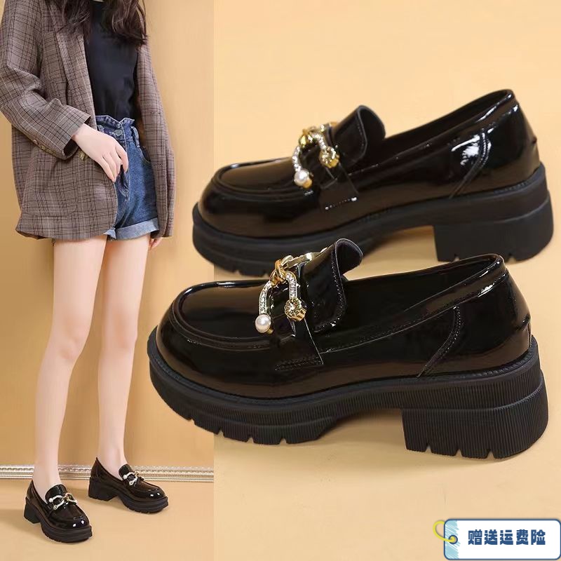 红蜻蜓牌乐福鞋女2023春秋新款英伦风厚底增高小皮鞋一脚蹬学院鞋