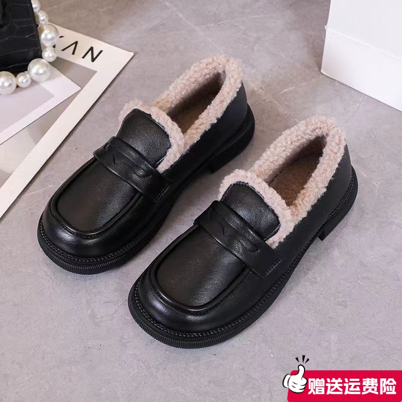 红蜻蜓牌豆豆鞋女2023秋冬季新款加绒毛毛鞋平底一脚蹬乐福鞋棉鞋