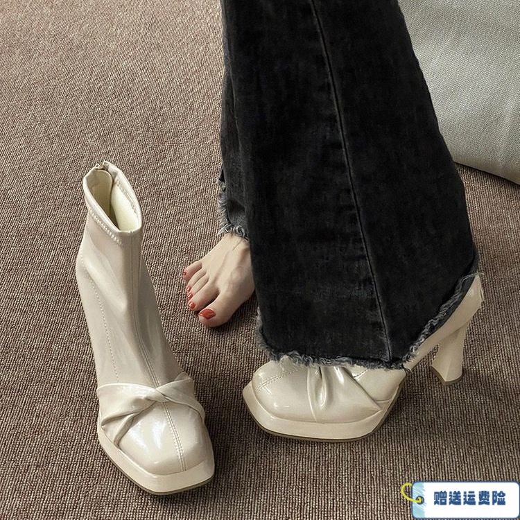 红蜻蜓牌高跟鞋短靴女2023秋冬新款玛丽珍瘦瘦靴显腿长细跟马丁靴