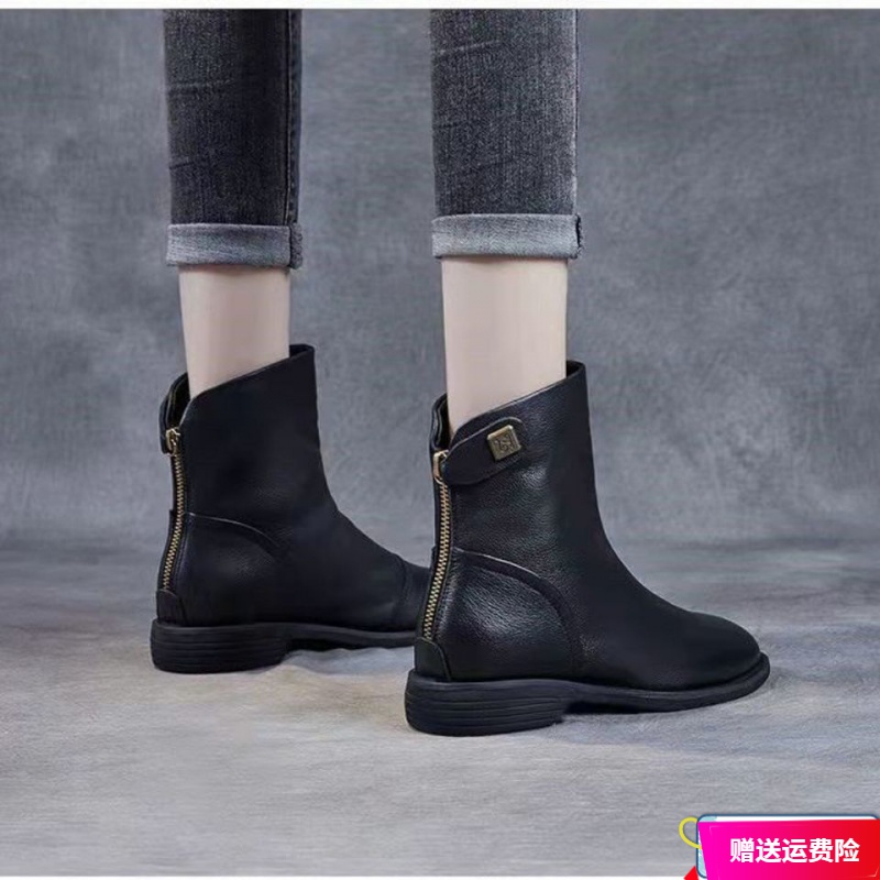红蜻蜓牌软皮马丁靴女英伦风2023秋冬新款加绒百搭洋气瘦瘦短靴女