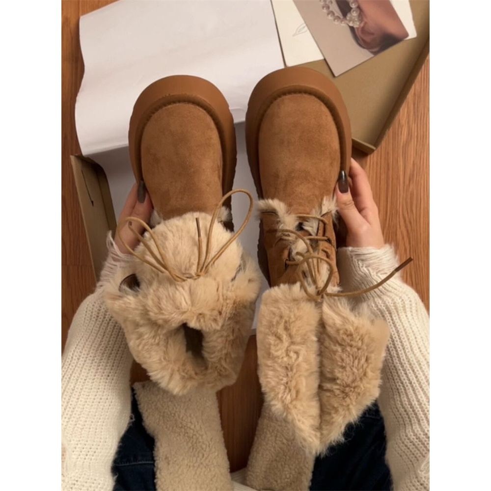 红蜻蜓牌系带两穿雪地靴女2023秋冬新款中筒皮毛一体加绒加厚棉靴