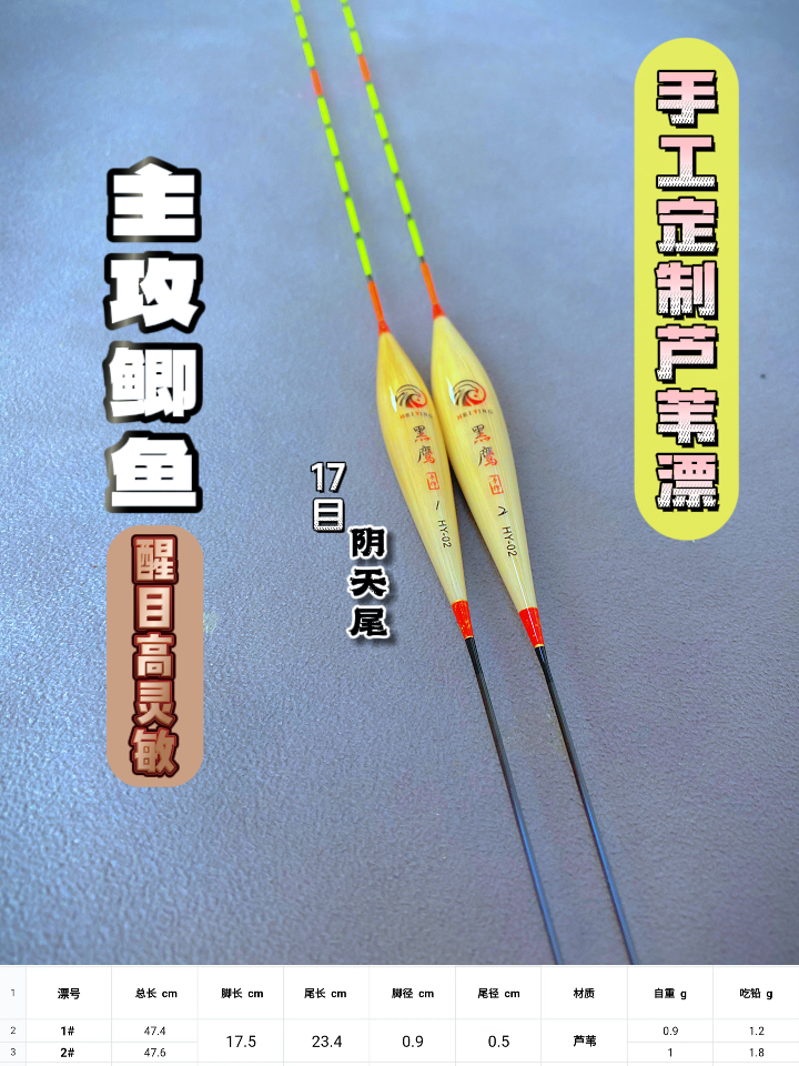 黑坑手作手工芦苇漂黑鹰HY-02行程鲫鱼漂48CM鲫鱼漂灵敏高灵敏