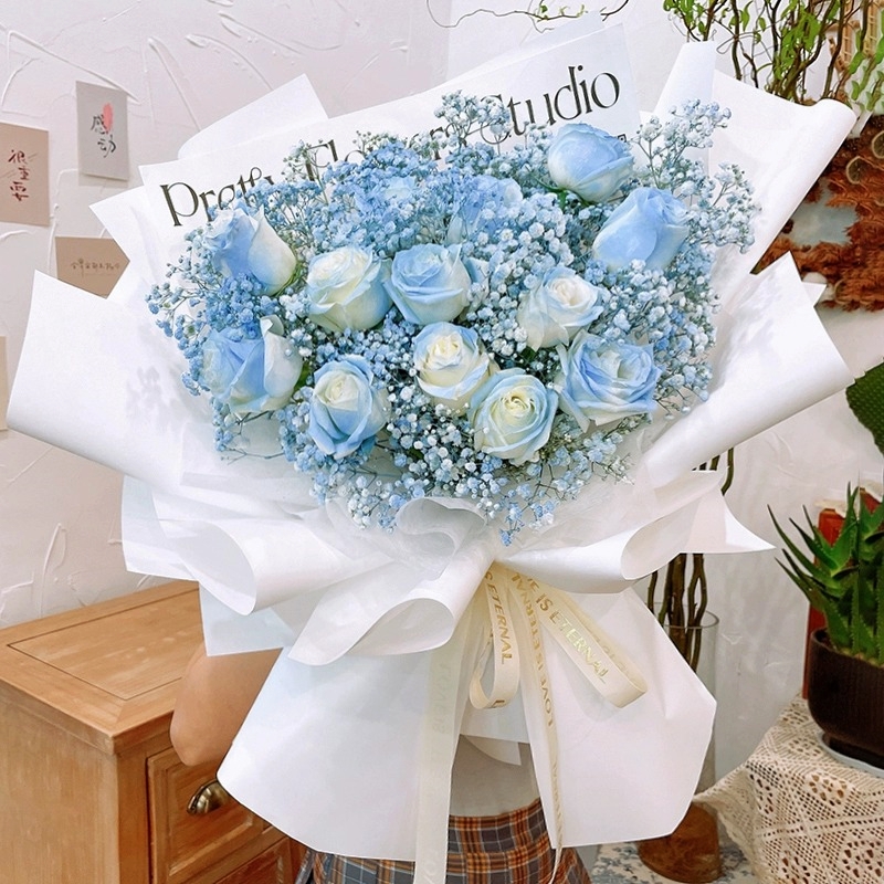 夏日初见真花碎冰蓝玫瑰花束全国鲜花同城配送女友生日七夕送老婆