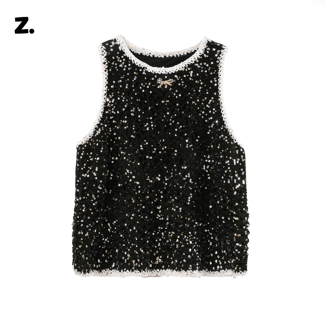 Z. 25早春 小香风满天星洋气度假针织背心 重工亮片名媛气质上衣