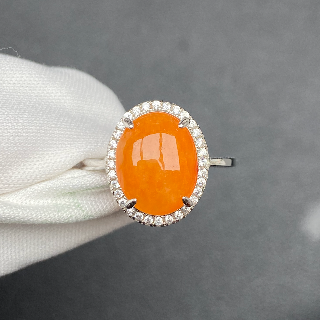 天然A货翡翠满色红黄翡翠高级红润橘红橘黄黄色色标级S925银镶嵌5